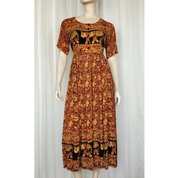 Vintage 90s hippie boho grunge crinkle india elephant dress S-L - Picture 1 of 7